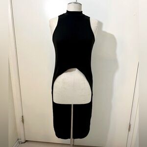 Black mock turtle-neck tank top with “tail”.